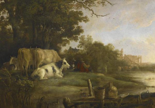 Cows In A Pasture Beside A River Before The Ruins Of The Abbey Of Rijnsburg by Aelbert Cuyp Oil Painting Reproductions