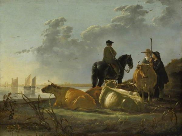 Peasants And Cattle By The River Merwede by Aelbert Cuyp