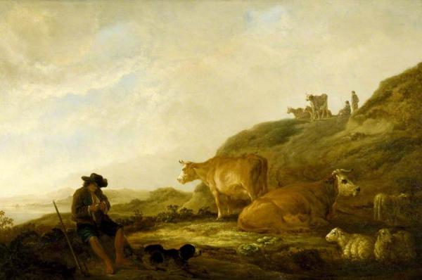 Seated Shepherd With Cows And Sheep In A Meadow by Aelbert Cuyp