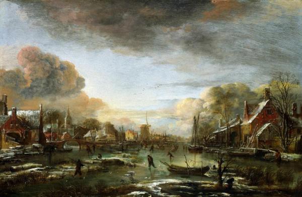 A Frozen River By A Town At Evening by Aert Van Der Neer