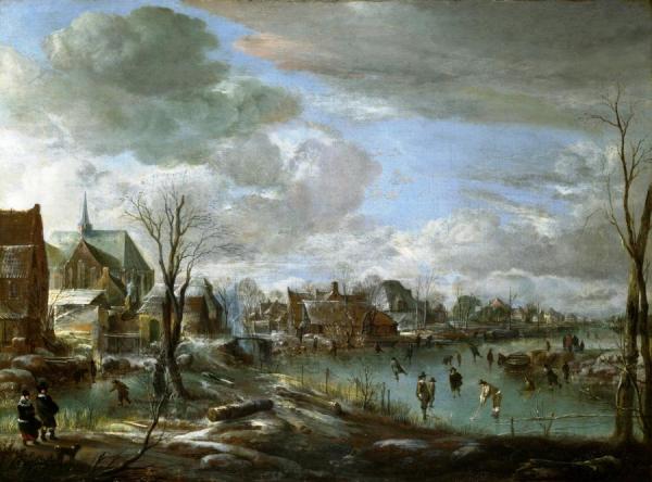 A Frozen River Near A Village, With Golfers And Skaters by Aert Van Der Neer