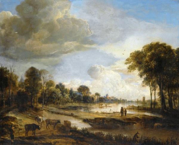 A River Landscape With Figures And Cattle by Aert Van Der Neer
