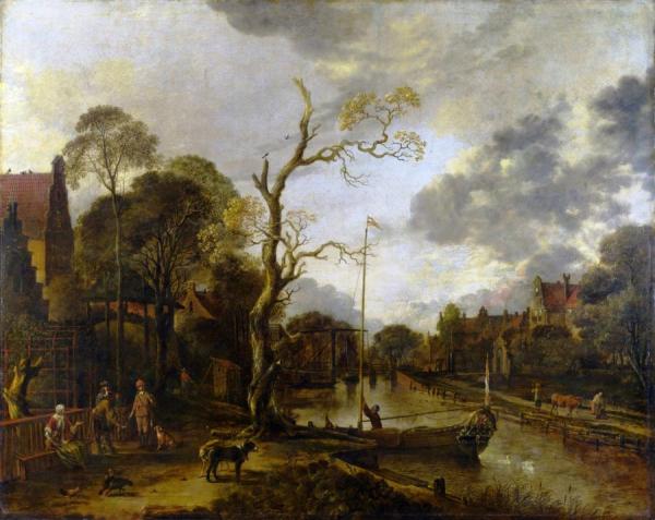 A View Along A River Near A Village At Evening by Aert Van Der Neer