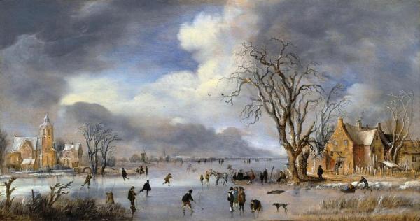 A Winter Landscape With Skaters And Kolf Players On A Frozen River by Aert Van Der Neer