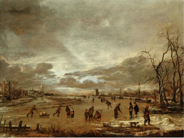 A Winter Landscape With Skaters And Kolf Players On A Frozen River by Aert Van Der Neer