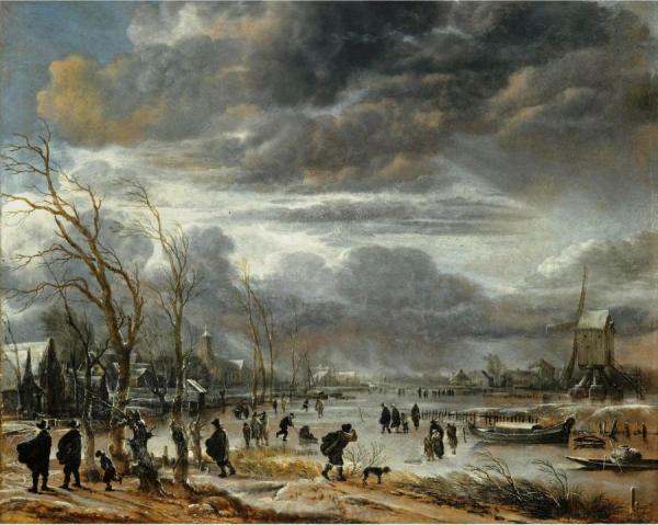 A Winter Lanscape With Figures Battling Across A Frozen River by Aert Van Der Neer