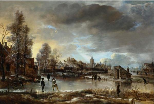 Winter Landscape With Kolf Players And Skaters On A Frozen Canal by Aert Van Der Neer