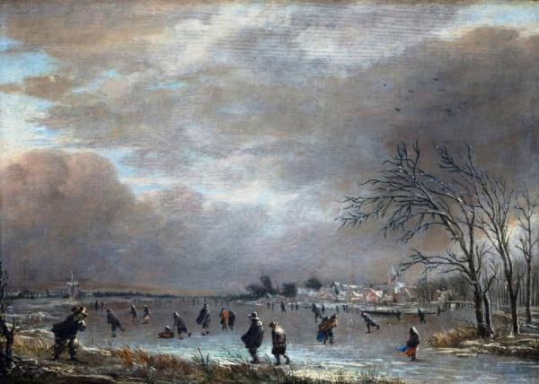 Winter Landscape With Skaters On A Frozen River by Aert Van Der Neer
