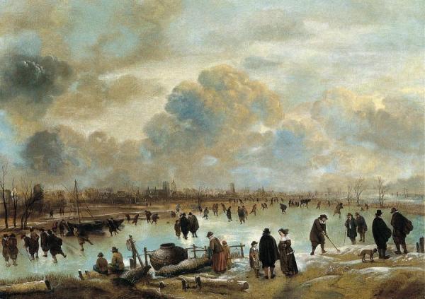 Winter Landscape With Skaters On A Frozen Waterway by Aert Van Der Neer