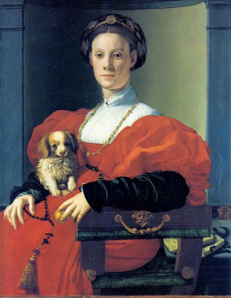 Portrait Of A Lady In Red With Dog by Agnolo Bronzino