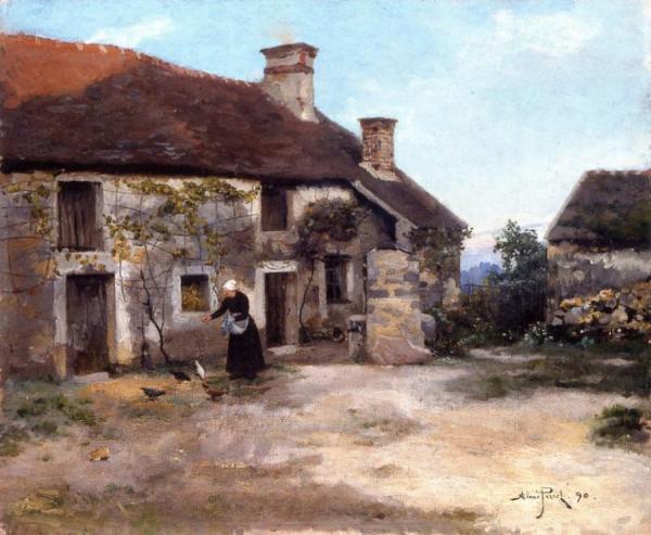 Feeding The Chickens By The Farmhouse by Aime Perret Oil Painting Reproductions