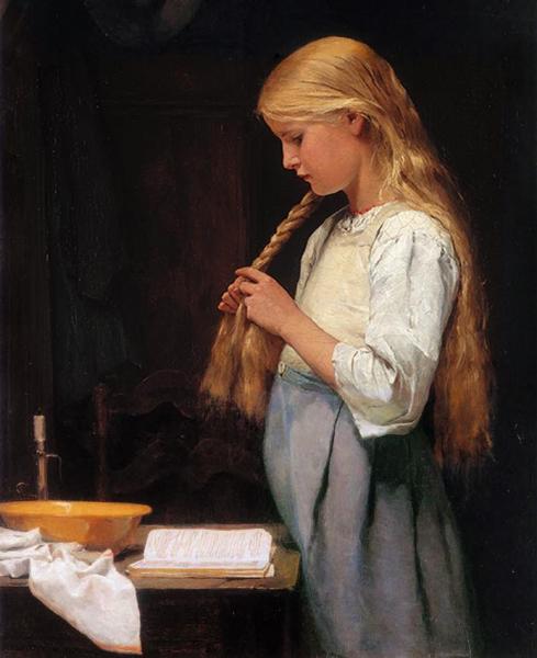 Albert Anker Girl Braiding Her Hair
