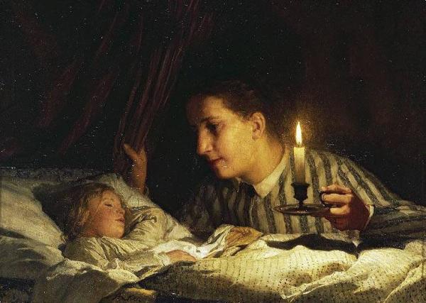 Albert Anker Junge Mutter, Bei Kerzenlicht Ihr Schlafendes Kind Betrachtend
