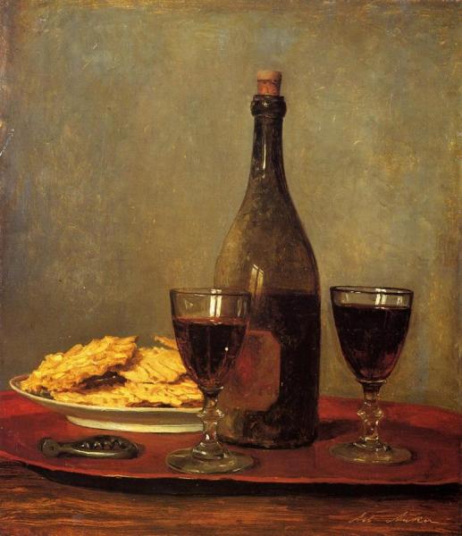 Still Life: Two Glass Of Red Wine, A Bottle Of Wine; A Corkscrew And A Plate Of Biscuits On A Tray by Albert Anker Oil Painting Reproductions