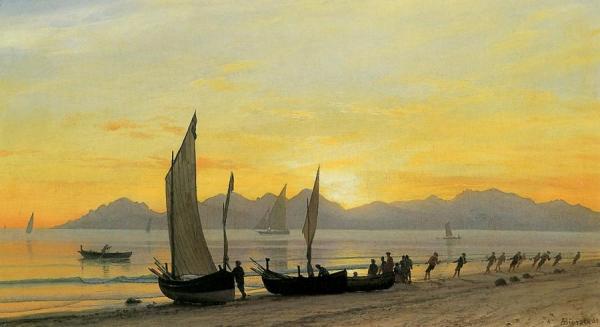 Boats Ashore At Sunset by Albert Bierstadt