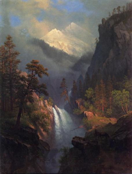 Cascading Falls At Sunset by Albert Bierstadt