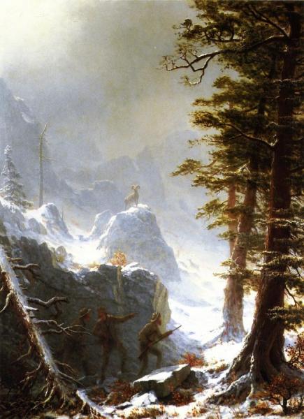 Three Hunters Stalking A Big Horn Sheep In A Snow Squall by Albert Bierstadt
