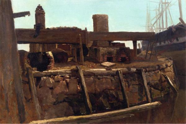 Wharf Scene With Ship At Dock by Albert Bierstadt