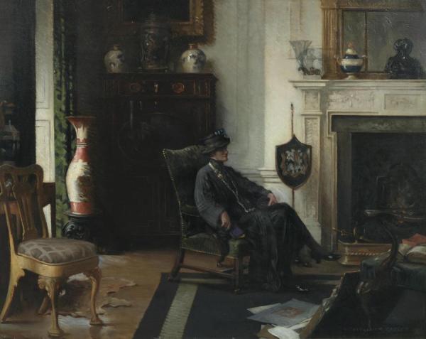An Elegant Lady Seated By The Fireplace by Albert Chevallier Tayler