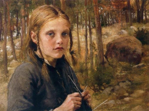 A Girl Knitting Socks by Albert Edelfelt Oil Painting Reproductions