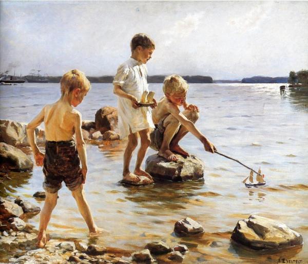 Boys Playing At The Beach by Albert Edelfelt Oil Painting Reproductions