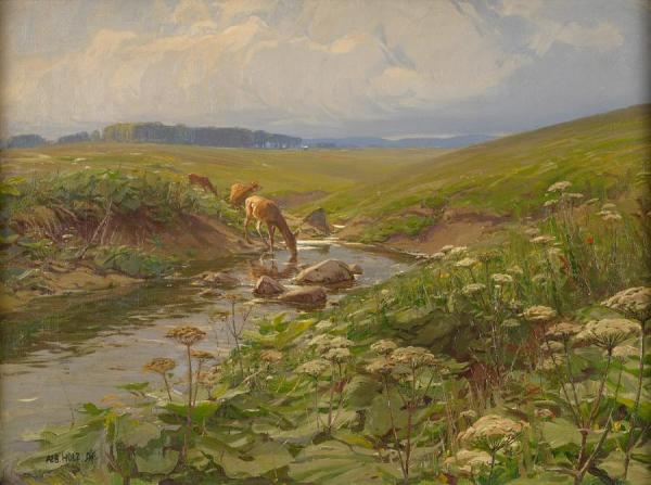 Deer On A Stream by Albert Holz