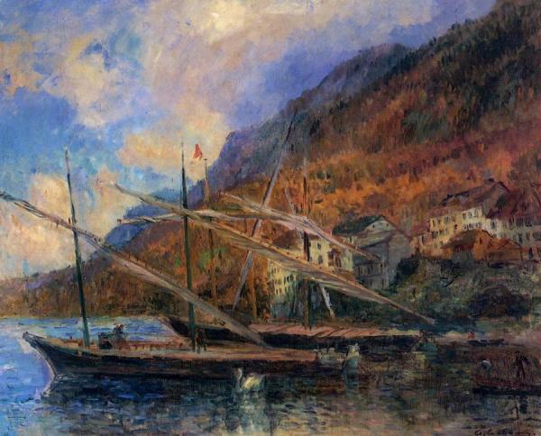 Boats By The Banks Of Lake Geneva At Saint-gingolph by Albert Lebourg