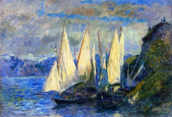 Boats With Large Sails On The Lac Léman At Meillerie In Haute-savoie by Albert Lebourg