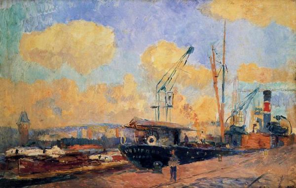 Steamers And Barges In The Port Of Rouen, Sunset by Albert Lebourg