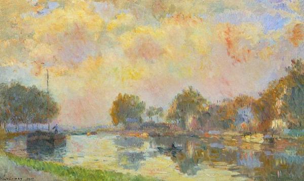 The Banks Of The Canal At Charenton, Sunny Autumn Afternoon by Albert Lebourg