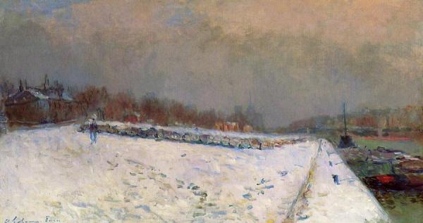 The Port Of Bercy, In Winter, Snow Effect by Albert Lebourg