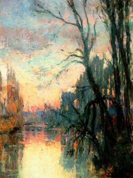 View Of A River With Trees At Sunset by Albert Lebourg