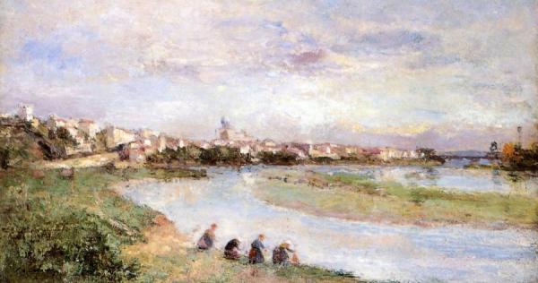Washerwomen With Pont-du-château by Albert Lebourg