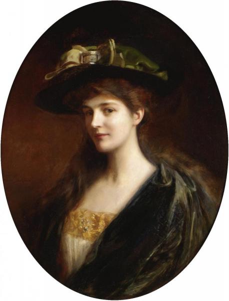 Portrait Of A Lady Wearing A Green Hat by Albert Lynch