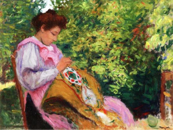 Girl Embroidering, Seated In A Garden by Albert Marquet