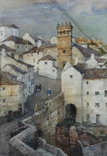 Spanish Town With Figures Before A Church by Albert Moulton Foweraker Oil Painting Reproductions