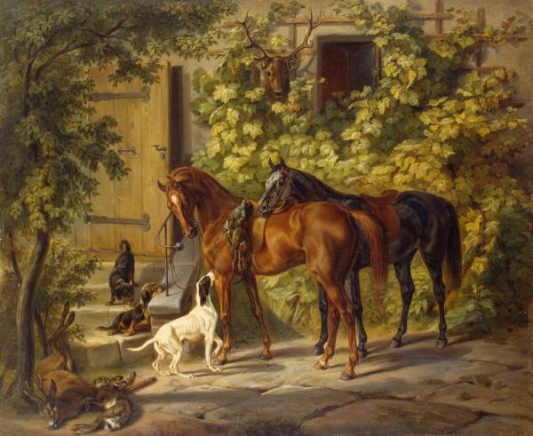 Horses At The Porch by Albrecht Adam Oil Painting Reproductions