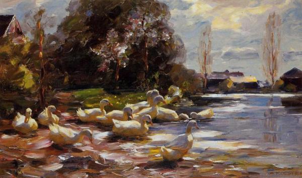 Ducks On A Riverbank On A Sunny Afternoon by Alexander Koester