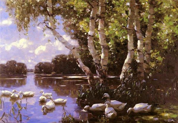Eleven Ducks Under The Birch In The Water by Alexander Koester