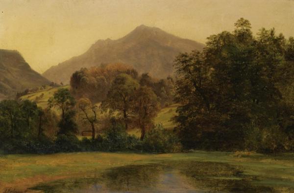 A Pond With A Mountainous Landscape In The Background by Alexandre Calame