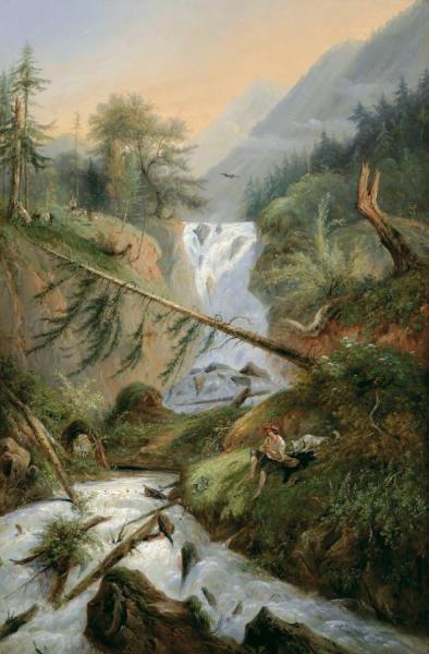 Shepherd Resting By The Waterfall by Alexandre Calame