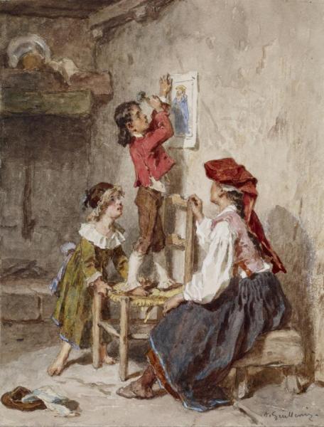 Interior With Italian Woman And Children by Alexandre-marie Guillemin