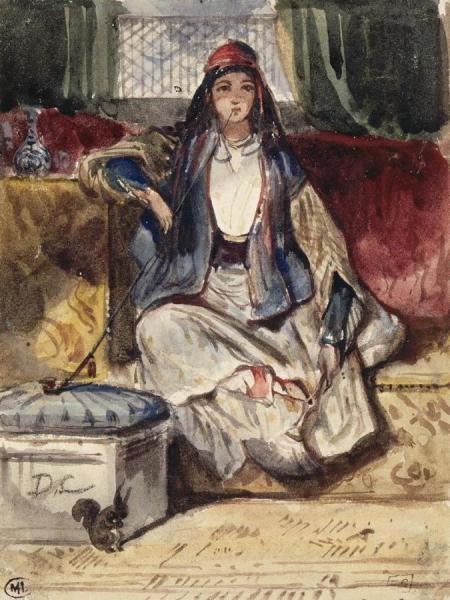 Young Oriental Woman Sitting On A Couch And Smoking, With A Squirrel by Alexandre