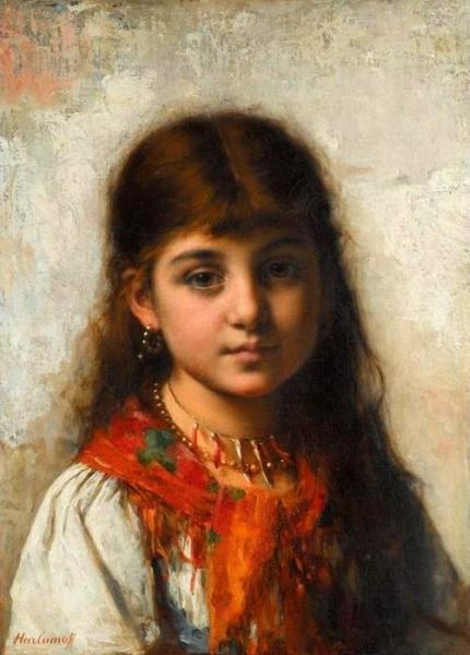 Girl With Coral Necklace And Shawl by Alexei Harlamoff