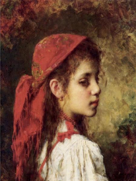 Portrait Of A Young Girl In A Red Kerchief by Alexei Harlamoff