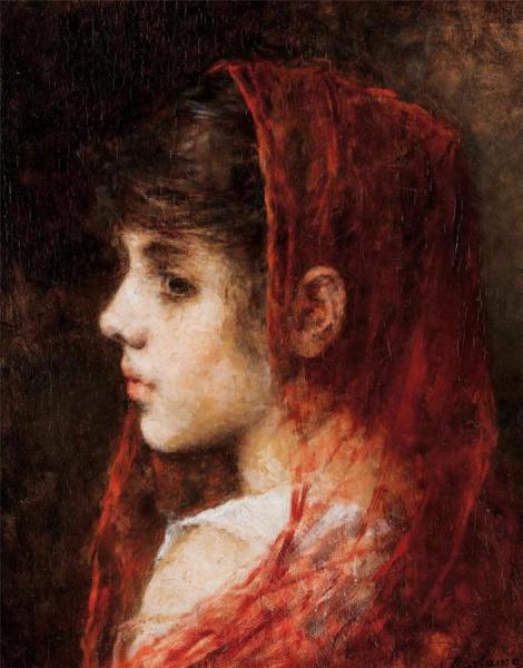 Portrait Of A Young Girl With A Red Veil by Alexei Harlamoff