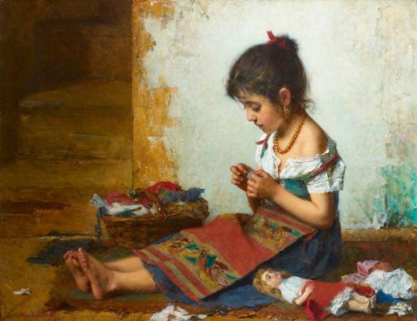 The Little Seamstress by Alexei Harlamoff Oil Painting Reproductions