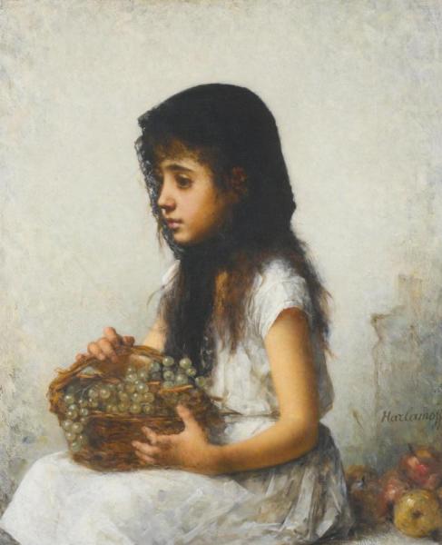 Young Girl With Grapes by Alexei Harlamoff Oil Painting Reproductions