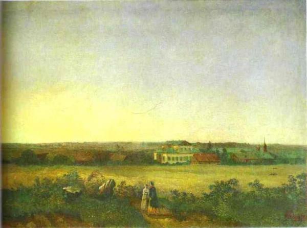 View In The Vicinity Of Moscow With A Mansion And Two Female Figures by Alexei Kondratevich Savrasov