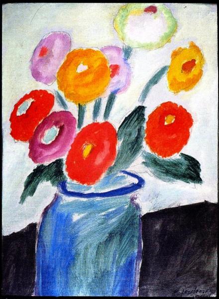 Dahlias In A Glass Jar by Alexej Von Jawlensky